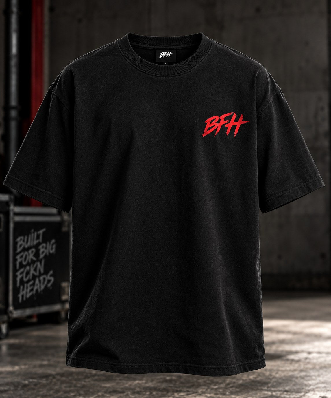 BFH Heavyweight Tee front view in black with the red BFH mark on the chest