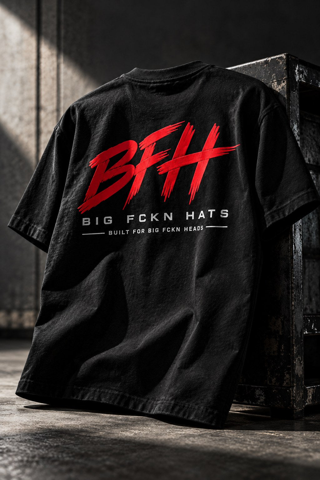 BFH Heavyweight Tee in black, red BFH mark and BIG FCKN HATS artwork on the back