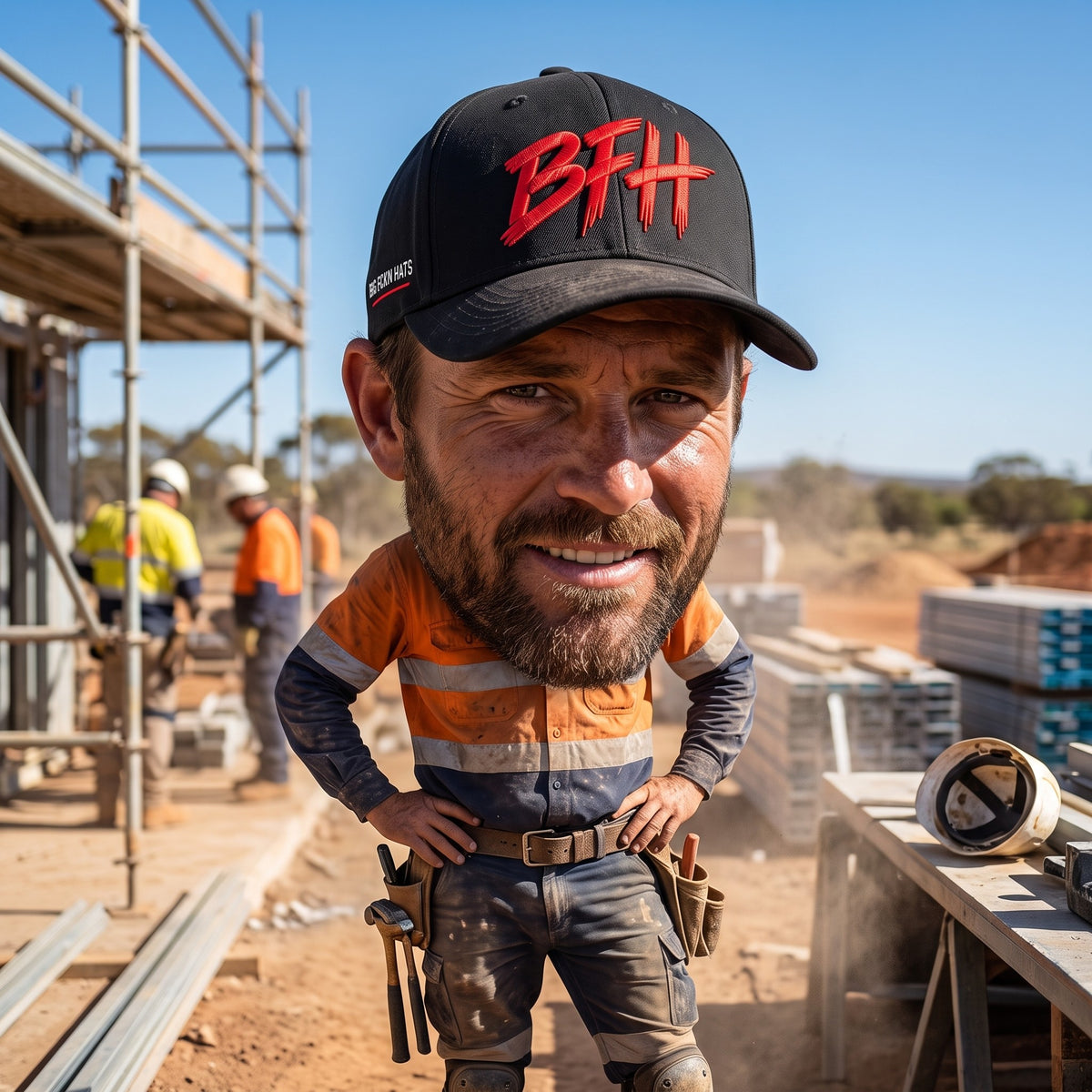 Builder with a big head wearing a BFH cap on site