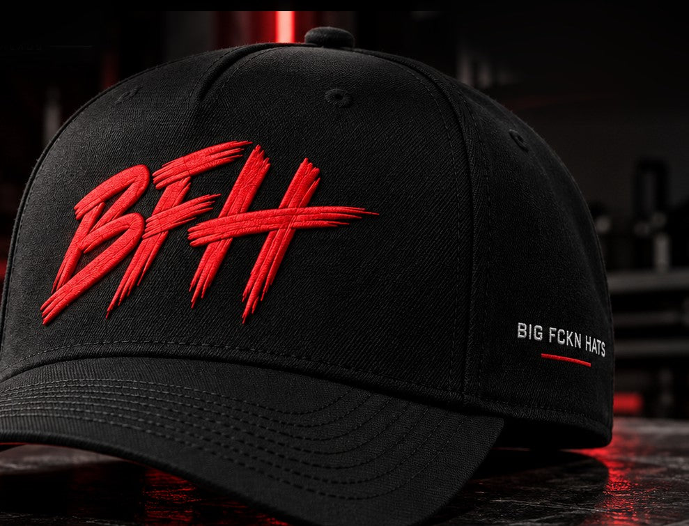 The BFH Original in Black / Red - black deep fit A-frame cap with red BFH embroidery