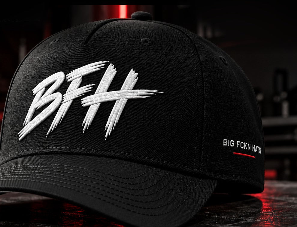 The BFH Original in Black / White - black deep fit A-frame cap with white BFH embroidery